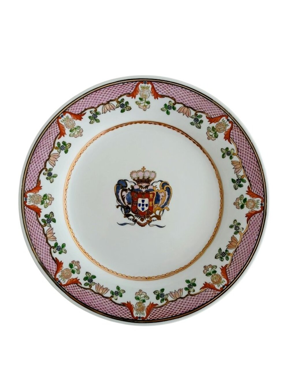 Heraldic Porcelain Plate Napoleonic Portuguese Coat of Arms Pink Lattice Border